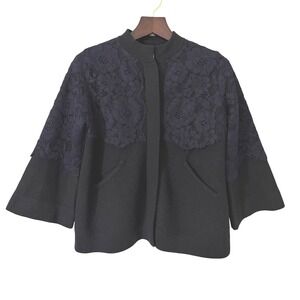 Anthropologie Field Flower 100% Wool Black with Navy Blue Lace Trim Jacket Small